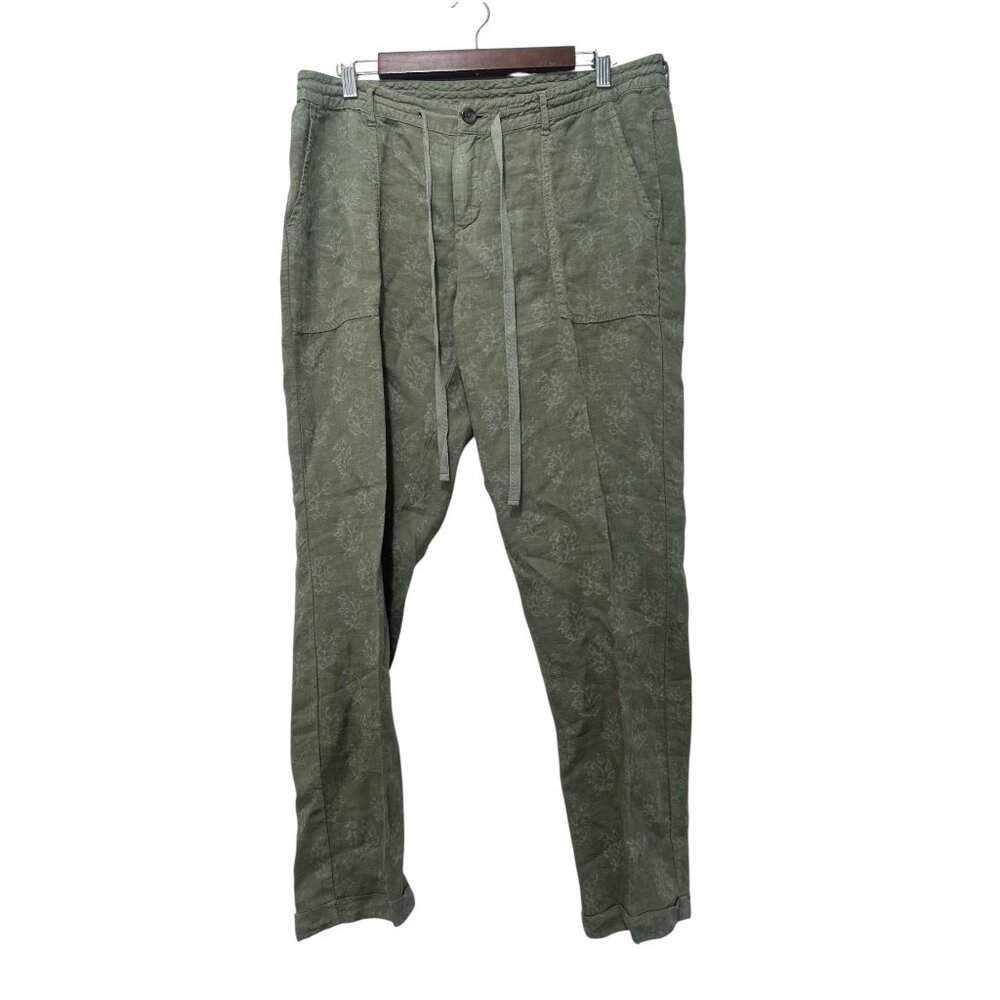 Sundance 100% Linen Straight Leg Pants Womens 6 Green Floral Drawstring Waist